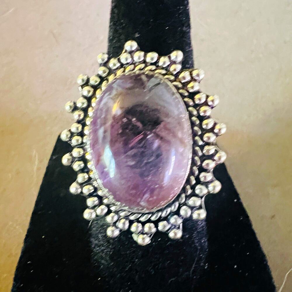 Vintage Silver Tone Oval Purple Cabochon Beaded Halo Cocktail Ring Size 7